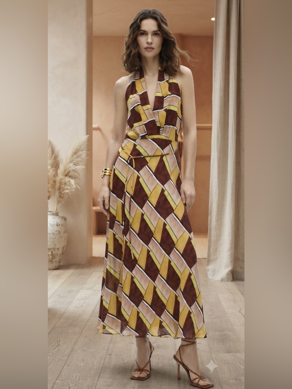 Zara Yellow Brown Geometric Halter Maxi Dress
